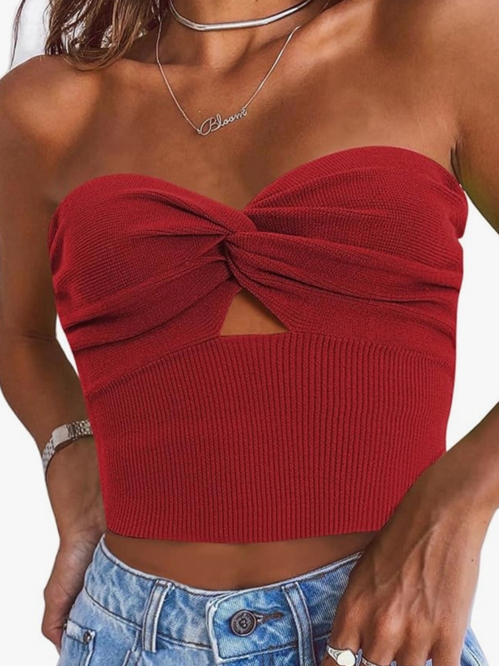 Strapless Twist-Knot Ribbed Crop Top - Red